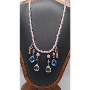 Vintage Pink Beaded Necklace Blue Teardrop Dangle Statement